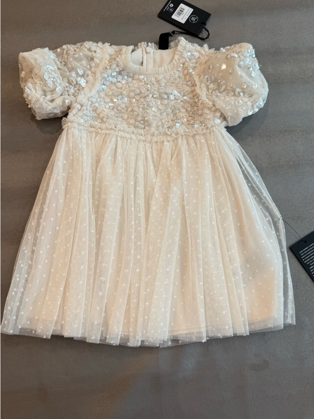 Needle & Thread Ivory Embellished Tulle Puff-Sleeve Dress. Size 3